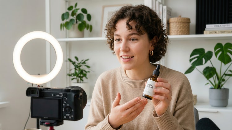 A woman in her home studio, holding a facial serum bottle to a camera for a product demo video.