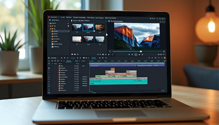 A laptop atop a wooden desk displaying video editing software.