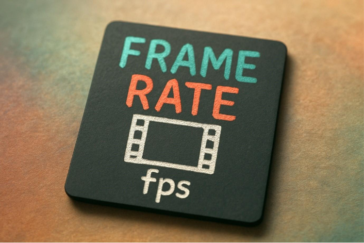 A black square tile displaying the words "frame rate" in colorful letters above a film strip icon and the abbreviation "fps".