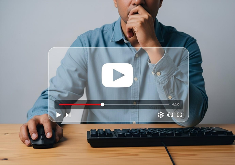A man using a keyboard and a mouse with an inset image of a YouTube video playing in the foreground.