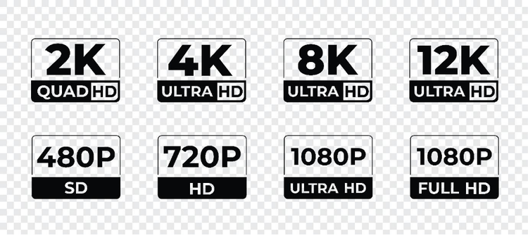 Comparison of different video resolutions: 2K, 4K, 8K, 12K, 480P, 720P, 1080P.