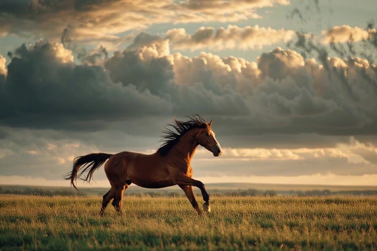 AI generated video of a horse standing and moving slowly in an open grassy field, capturing a calm natural landscape with soft lighting and realistic outdoor scenery.