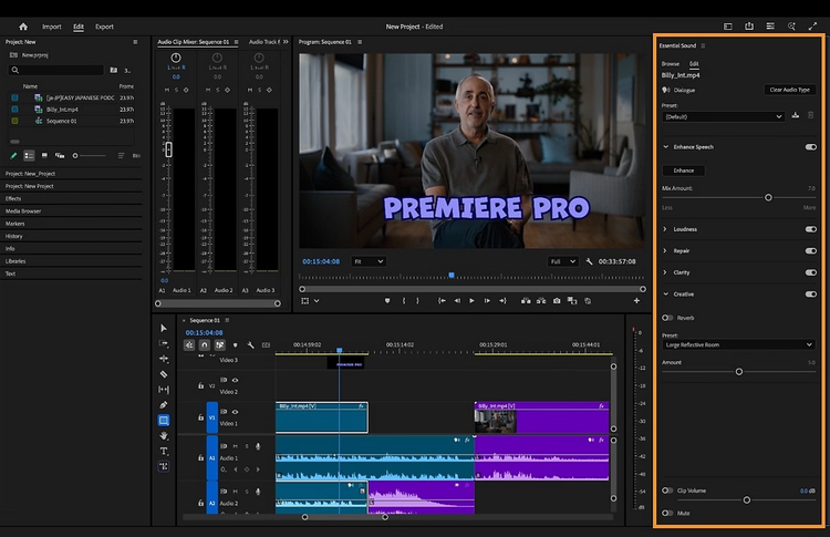 Premiere interface with the Essential Sound panel open, showing Dialogue audio controls and a selected voiceover clip in the timeline.