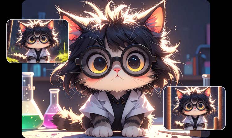 A cat character wearing glasses and a white coat is shown in three different settings, maintaining the same character look and feel.
