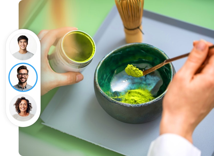 Hands preparing matcha tea beside a bowl and whisk, with Adobe Firefly's voice selection interface displayed, illustrating AI-powered voice generation and multilingual content creation features.