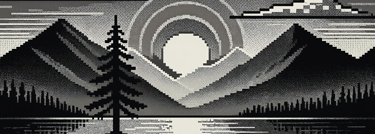 Monochrome-style pixel art scene of a lake with a single tree in the centre of small island in the foreground. The sun is setting behind mountains in a cloud-filled sky.