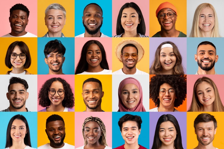 Diverse group of smiling people in colourful grid.