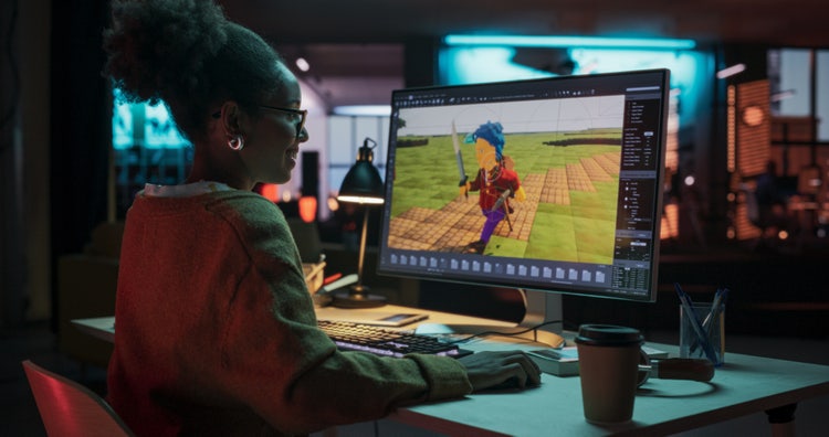 Person using AI animation generator to design a 3D character with a sword on a computer in a creative studio.