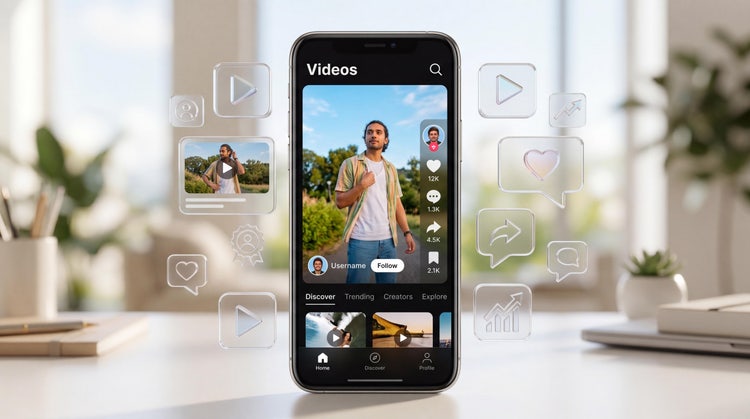 AI video generator app on smartphone displaying social media video with engagement icons in bright workspace.