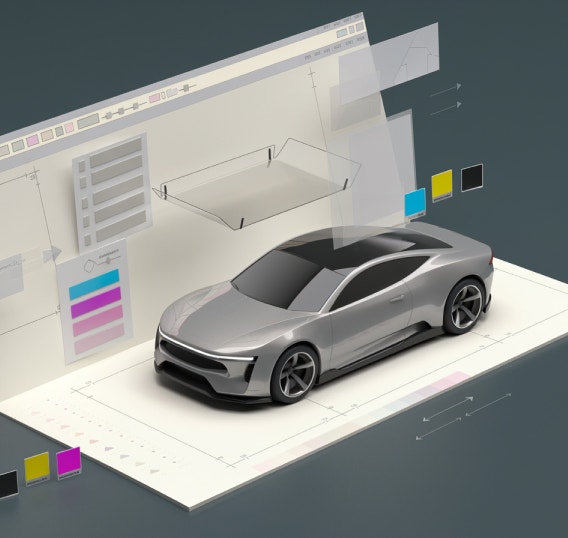 3D model of a silver concept car displayed within a digital design workspace with modelling guides and colour controls.