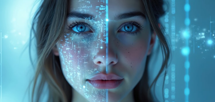 AI avatar of a woman with blue eyes and digital circuit patterns on her face in a futuristic setting.