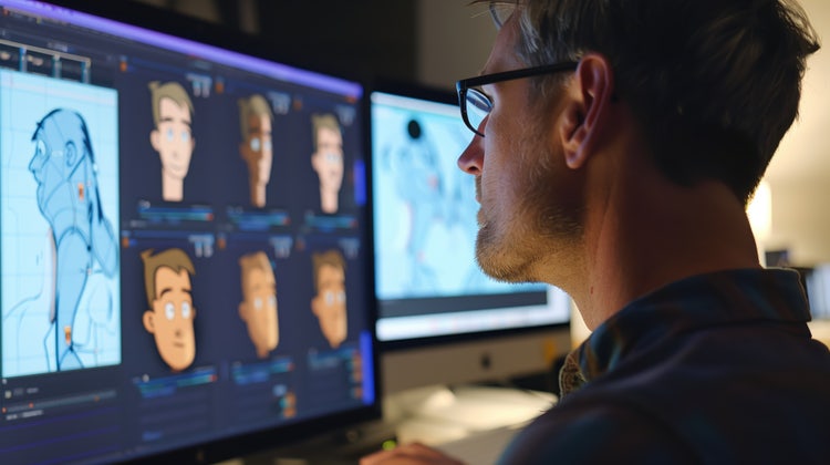 Artist using AI character generator to design cartoon faces on computer monitors in creative workspace.