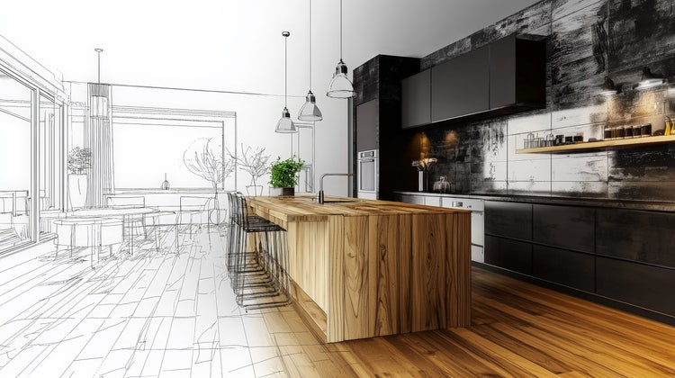 A seamless transition from a detailed pencil sketch into a sleek, modern kitchen rendered in vibrant colour.