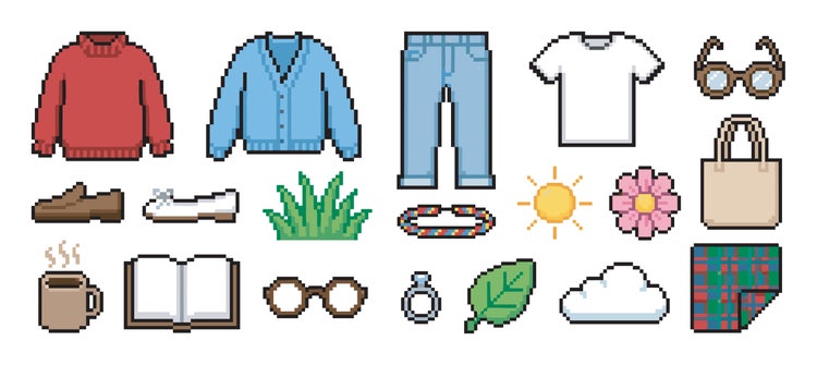 Pixel art generator icons of clothes, glasses, shoes, coffee, book, sun, flower, tote bag, leaf, and cloud.