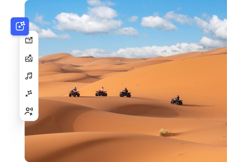 People riding quad bikes across desert sand dunes with Adobe Firefly's Generate Video workspace displayed, showcasing AI-powered tools for creating video, images, audio and sound effects from creative prompts.