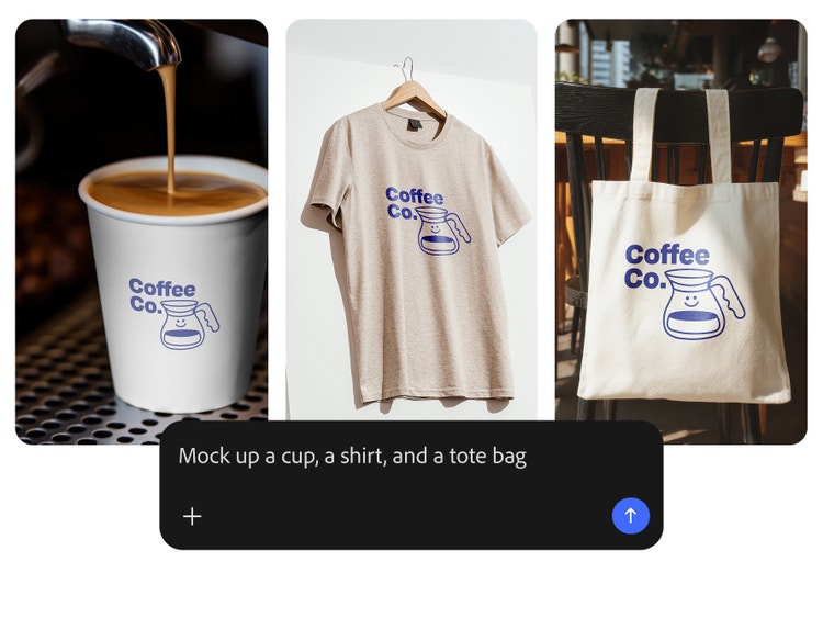 A simple prompt directs Firefly AI Assistant to accurately apply the logo of a coffee business to mock-ups of a to-go cup, shirt and tote.