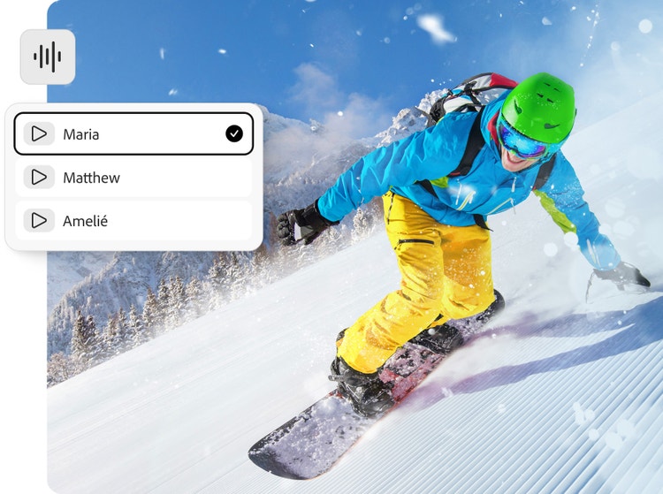 Snowboarder carving down a snowy mountain slope while Adobe Firefly's voice selection interface demonstrates AI-powered audio and video generation features.