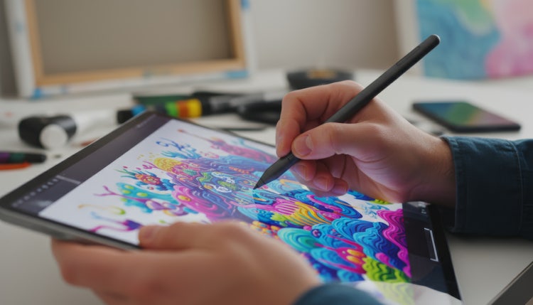 Hand drawing vibrant AI painting digital art on tablet with stylus in creative workspace.