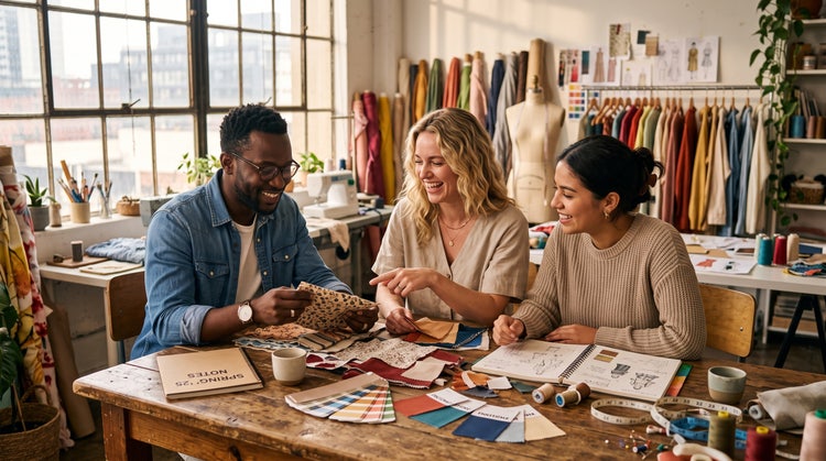 Three designers using a moodboard maker to review fabric swatches and sketches in a creative studio workspace.