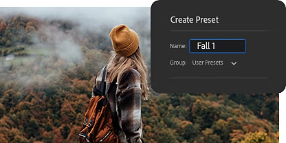 The Adobe Lightroom Create Preset tool superimposed over an image of a person hiking in a forest area