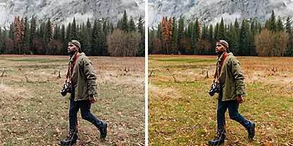 Two identical photos side by side of a person walking through a field with a forest in the background, but the photo on the right has the Adobe Lightroom "Natural" preset applied to it