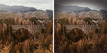 Two identical photos side by side of a bridge running through a forested area, but the photo on the right has the Adobe Lightroom "Medium" preset applied to it