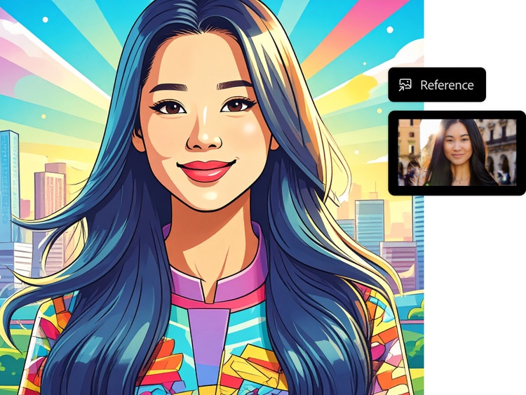 Cartoon portrait of a smiling woman with a cityscape in the background, with overlay of the reference photograph from which the image was generated.