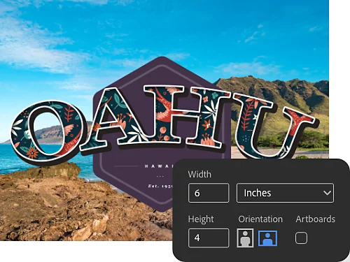 Text 'Oahu Hawaii' in large font over a beach background, with a Photoshop screenshot showing how to edit width and height