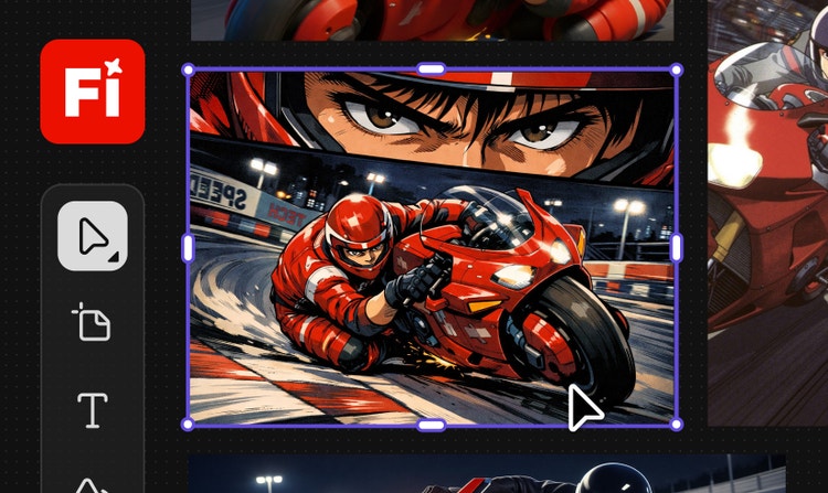 The Firefly user interface showing the cursor selecting an AI-generated cartoon of a motorcycle racer banking into a turn.