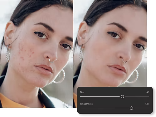 Split photo of a girl showing before and after results of the Skin Smoothing filter, with blemishes removed