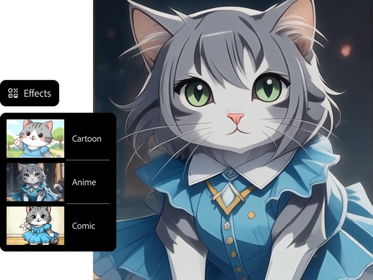 Anime cat in a dress with an overlay of the Firefly Effects menu, including options for Cartoon, Anime and Comic.