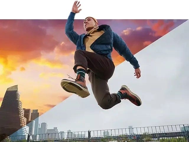 Before and after sky replacement showing a cloudy sky transformed into a dramatic sunset behind a jumping man, edited using Adobe AI tools