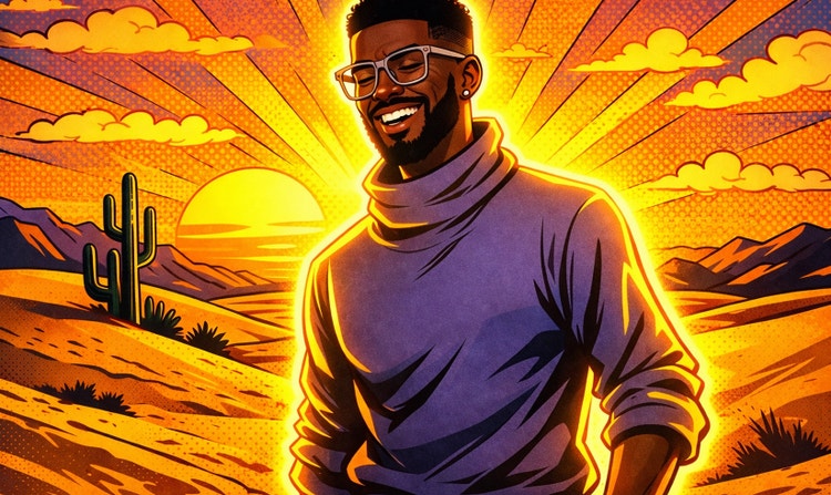 AI-generated cartoon of a man standing in front of a desert sunset.