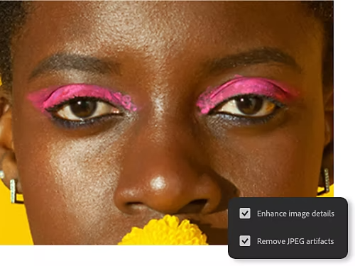 Photo of a girl with a Photoshop screenshot highlighting the Super Zoom feature for close-up editing without losing detail