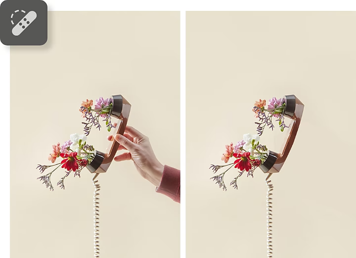 Before and after image showing Photoshop’s object removal feature, with illustrated flowers on a headset held by hands in one part, and the hands removed in the other