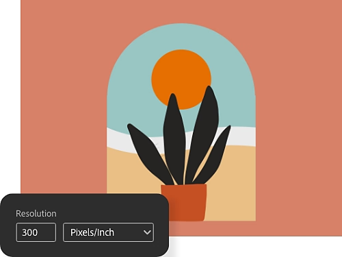 Illustration of a tree and sun with a Photoshop screenshot displaying resolution settings - ideal for beginners learning image quality adjustments