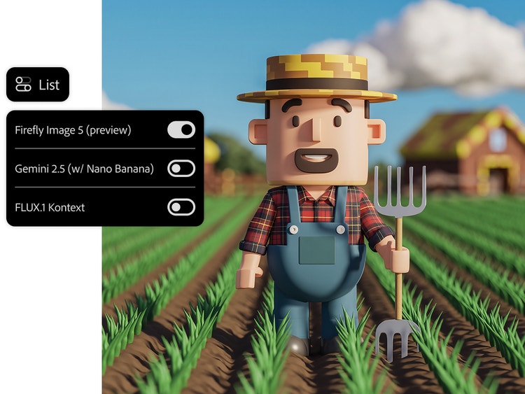 3D cartoon of a farmer standing in a field with an overlay of the partner models menu, including Gemini 2.5 (with Nano Banana) and FLUX.1 Kontext.