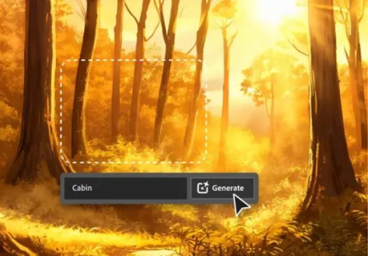 AI generated image of forest during golden hour and using AI for graphic designers to add cabin with Generate button