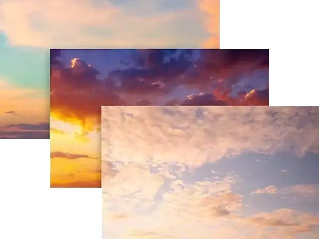 Examples of sky replacement using AI, including vibrant sunsets, dramatic twilight skies, and soft daylight clouds in Adobe Photoshop