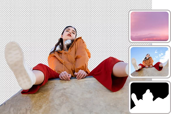 Photo of a girl with a transparent overlay and three visible layers shown beside it