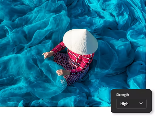 Vietnamese person wearing a traditional hat, showing use of the JPEG Artefacts Removal filter with adjustable blur levels