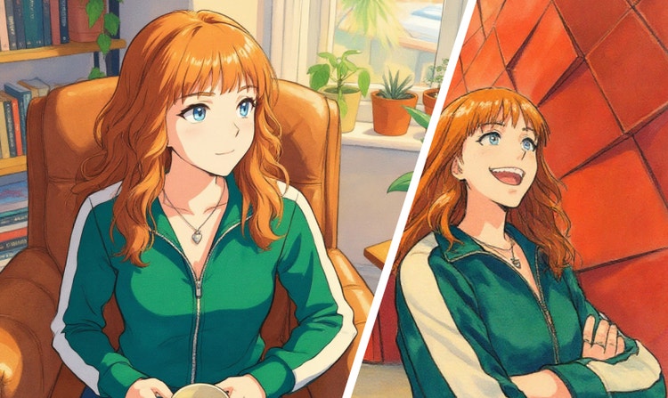 Split images of an anime-style woman with red hair, first sitting in a sitting room and then standing an laughing in front of a brick wall.