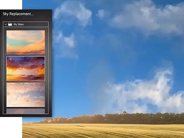 Photoshop Sky Replacement feature with sunset, twilight, and daylight sky presets applied to an open field landscape photo