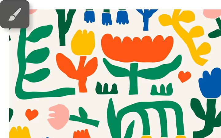 Image showing colourful flower shapes created with the Brush tool in Photoshop, demonstrating how to draw on layers