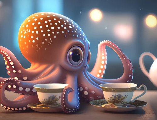Octopus with two cubs surrounded by small saucers on a flat surface.
