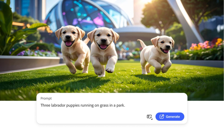 An AI generated image of three yellow lab puppies running on a lawn with modern buildings in the background.