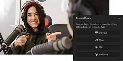 Photo of a person wearing headphones and smiling in front of a studio microphone with the Adobe {{premiere}} Essential Sound tool panel superimposed over it