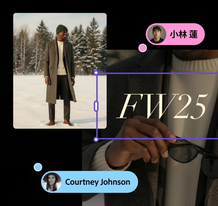 FW25 के लिए फ़ैशन मूड बोर्ड कॉन्सेप्ट, जिसमें बर्फ़ीले लैंडस्केप में लंबा कोट पहने व्यक्ति को कोलैबोरेटिव डिज़ाइन एलिमेंट्स के साथ ओवरले किया गया है।