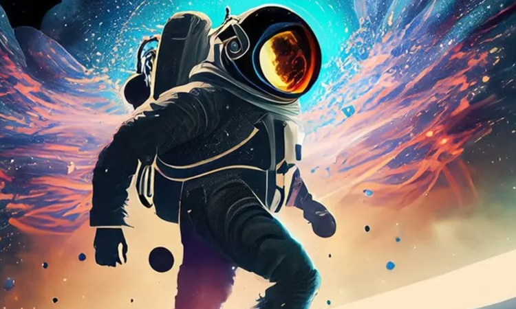 Firefly ने एक अंतरिक्ष यात्री जनरेट किया है, जिसके पीछे बहुरंगी स्पेस बैकग्राउंड है। यह एक उदाहरण है कि AI कैसे आर्टिस्ट के क्रिएटिव काम के तौर-तरीकों को बदल रहा है