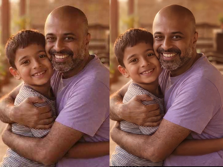 एक पुरुष और छोटे बच्चे के गले मिलते हुए फ़ोटो का “पहले और बाद” दृश्य। अपस्केलिंग की वजह से दाईं ओर की इमेज के रंग और बारीकियाँ कहीं अधिक स्पष्ट हैं।